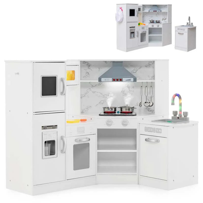 Corner Wooden Kids Kitchen Playset, Little Chef Pretend Toy Kitchen Set w/ Microwave, Range Hood, Washing Basin, Lights & Sounds for Toddlers