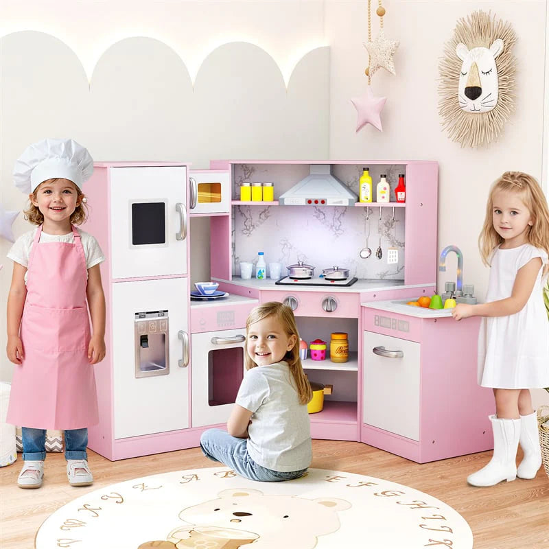 Corner Wooden Kids Kitchen Playset, Little Chef Pretend Toy Kitchen Set w/ Microwave, Range Hood, Washing Basin, Lights & Sounds for Toddlers