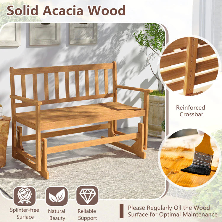 2-Person Patio Glider Bench, Solid Acacia Wood Porch Glider Chair with Slatted Backrest & Seat, Outdoor Glider Loveseat for Balcony Poolside Garden
