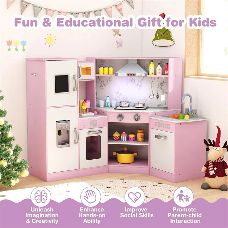 Corner Wooden Kids Kitchen Playset, Little Chef Pretend Toy Kitchen Set w/ Microwave, Range Hood, Washing Basin, Lights & Sounds for Toddlers
