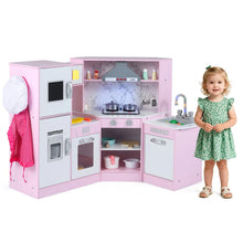 Load image into Gallery viewer, Corner Wooden Kids Kitchen Playset, Little Chef Pretend Toy Kitchen Set w/ Microwave, Range Hood, Washing Basin, Lights &amp; Sounds for Toddlers