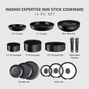 T - Fal Ingenio Expertise Nonstick 14 - Piece Cookware Set, Induction Oven Safe up to 500F, Detachable Handle, Onyx Black