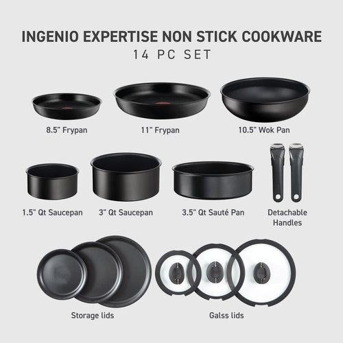 T - Fal Ingenio Expertise Nonstick 14 - Piece Cookware Set, Induction Oven Safe up to 500F, Detachable Handle, Onyx Black