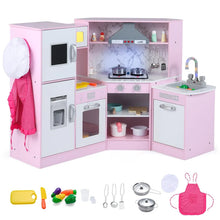 Load image into Gallery viewer, Corner Wooden Kids Kitchen Playset, Little Chef Pretend Toy Kitchen Set w/ Microwave, Range Hood, Washing Basin, Lights &amp; Sounds for Toddlers
